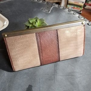 Fossil gold and brown leather clutch